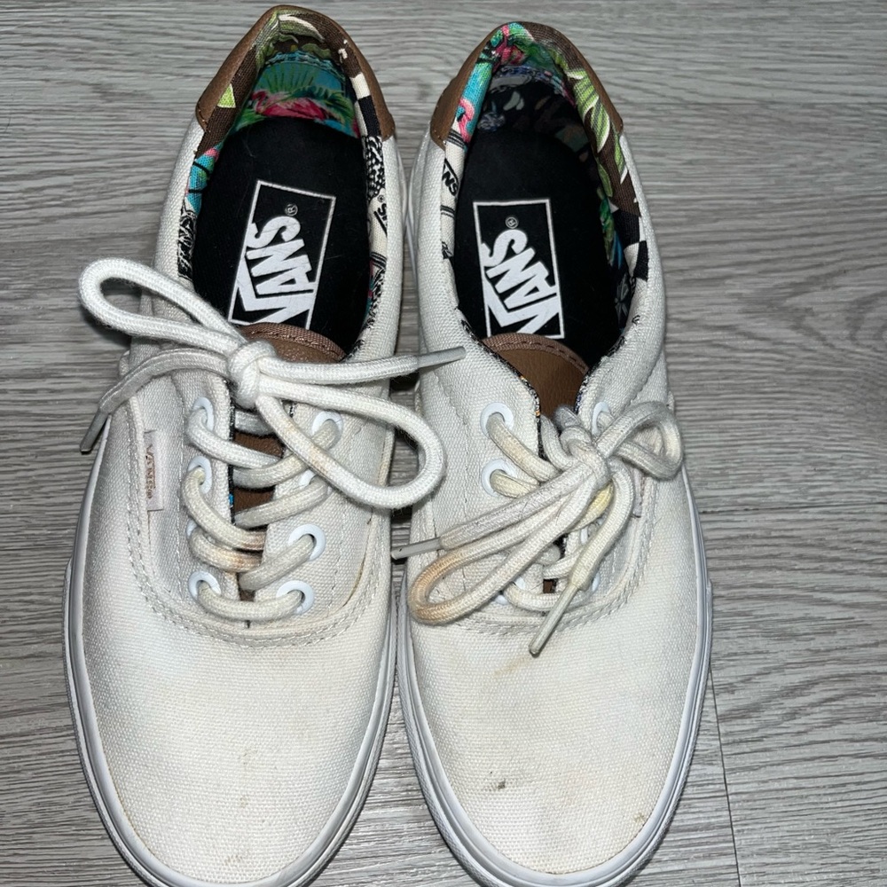 Vans Women's White and Brown Canvas Sneakers